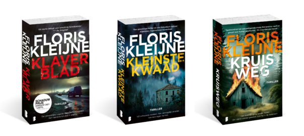 Covers Klaverblad, Kleinste kwaad en Kruisweg naast elkaar in 3D