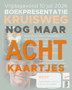 Aankondiging boekpresentatie Kruisweg met resterend aantal kaartjes: 6; bij klikken leidt de afbeelding naar het bericht over de presentatie, waar men kan inschrijven
