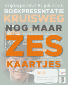 Aankondiging boekpresentatie Kruisweg met resterend aantal kaartjes: 6; bij klikken leidt de afbeelding naar het bericht over de presentatie, waar men kan inschrijven