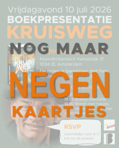 Aankondiging boekpresentatie Kruisweg met resterend aantal kaartjes: 9; bij klikken leidt de afbeelding naar het bericht over de presentatie, waar men kan inschrijven